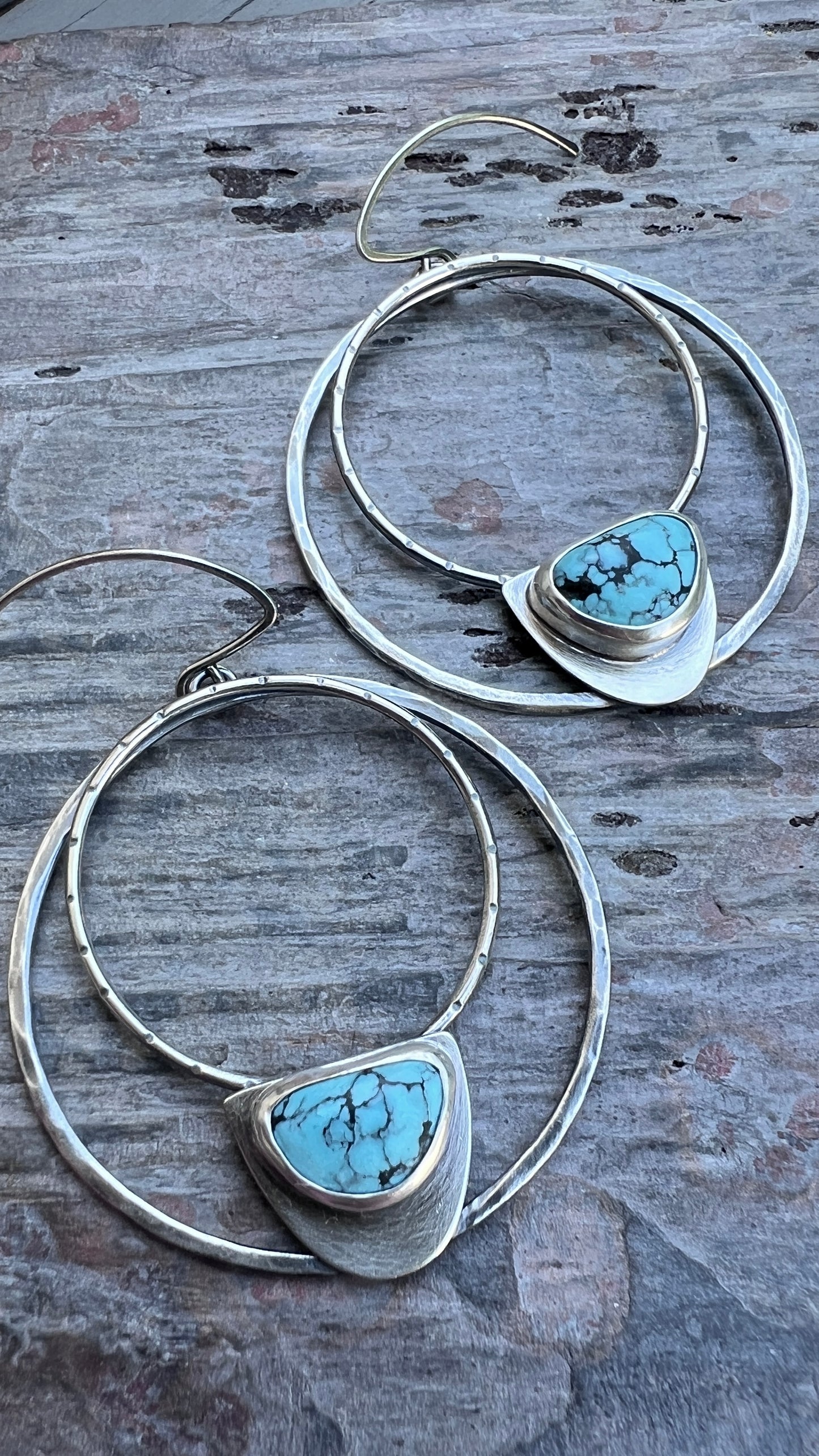 Sterling Silver Genuine Turquoise Hoops | Large Statement Earrings with Natural Stone