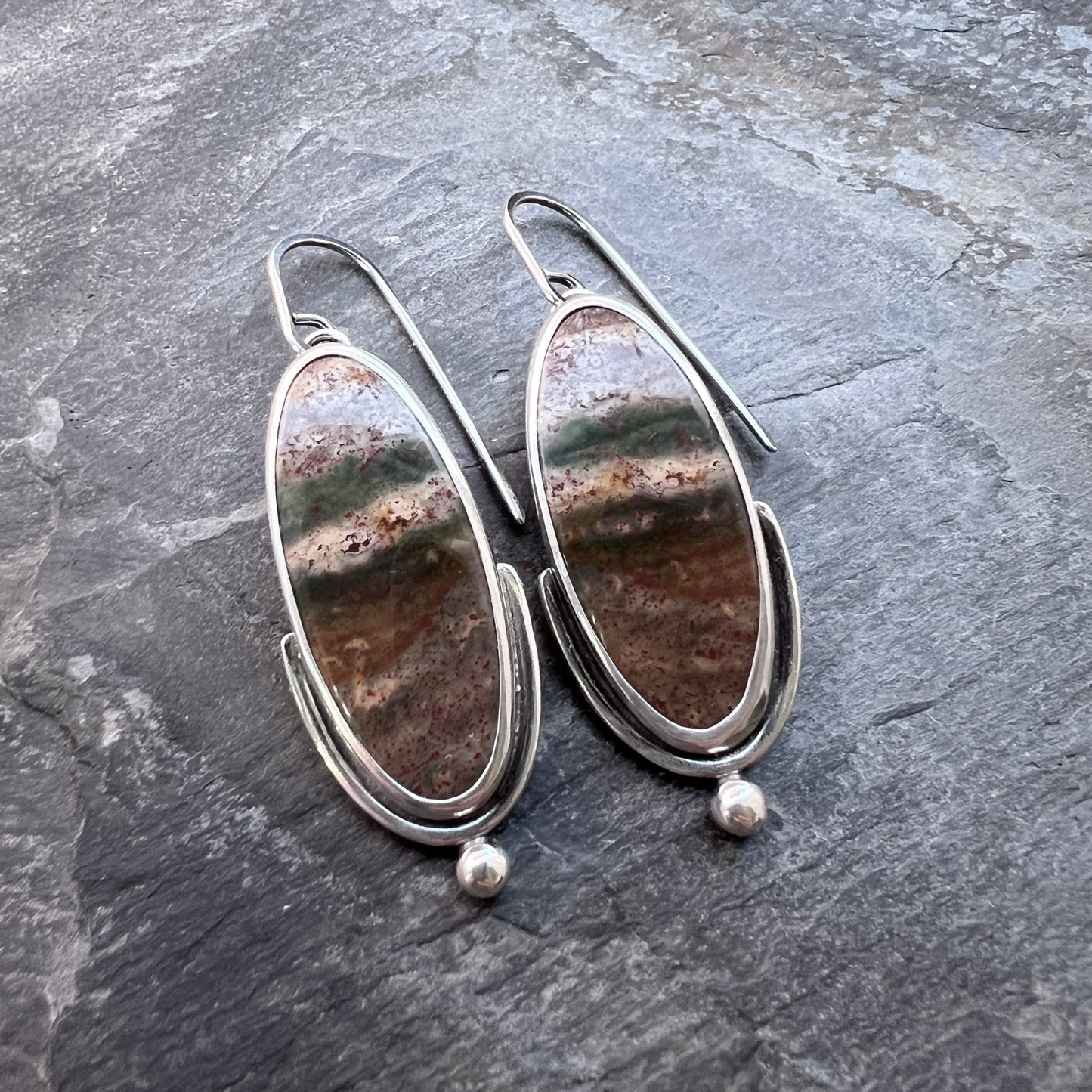 Jasper Sterling Silver Earrings | Green and Brown Natural Stone Dangle Earrings