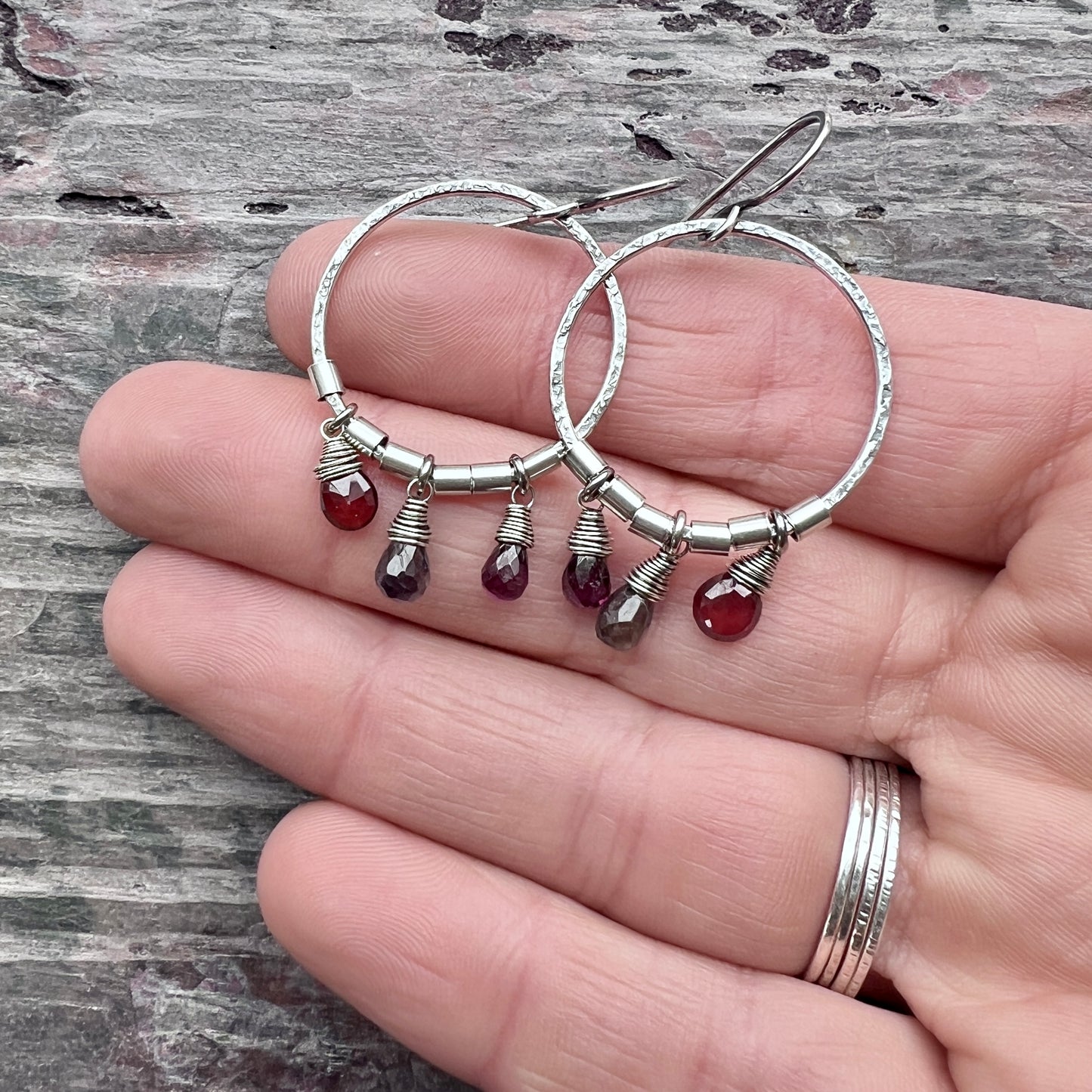 Sterling Silver Garnet and Iolite Earrings | Genuine Natural Stones and Hammered Silver Hoops