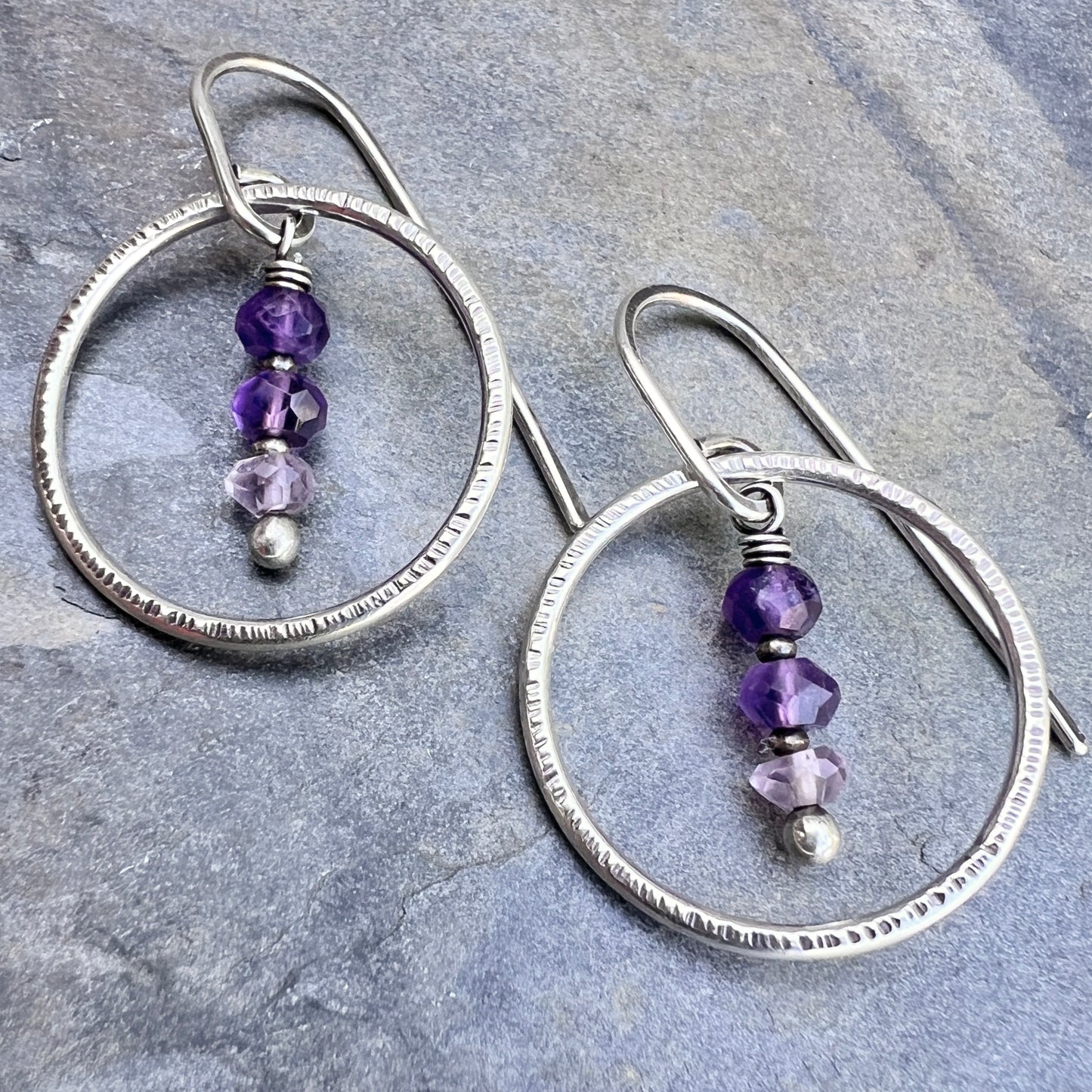 Amethyst Sterling Silver Earrings | Purple Natural Stone Dangle Hoops