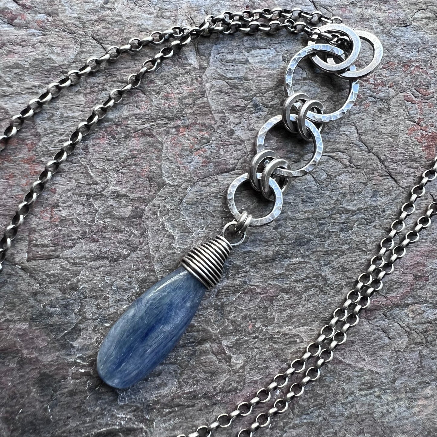 Sterling Silver Blue Kyanite Necklace Natural Stone Hammered Silver Pendant Long Necklace