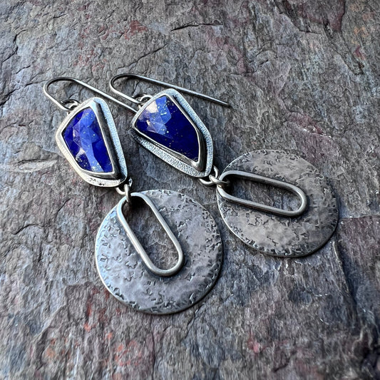 Sterling Silver Lapis Earrings Genuine Lapis Lazuli Blue Natural Stone Modern Statement Earrings One of a Kind