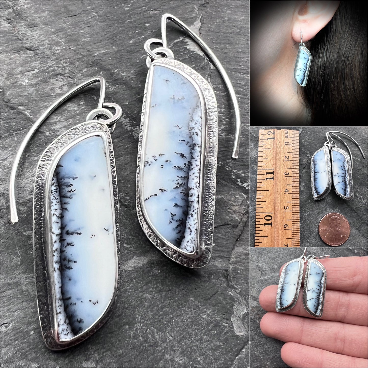 Dendritic Opal Sterling Silver Earrings | Black & White Natural Stone Dangle Earrings