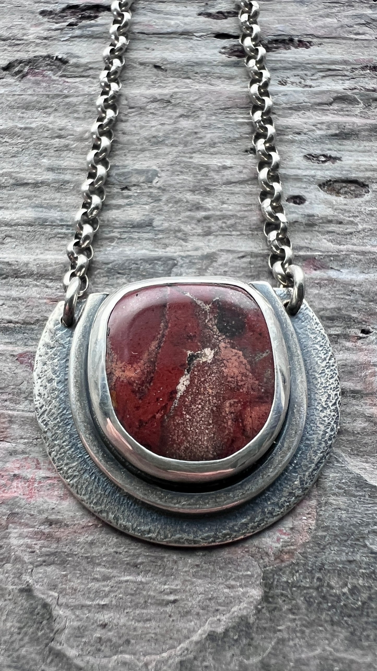 Sterling Silver Red Jasper Necklace | Natural Stone Semicircle Pendant