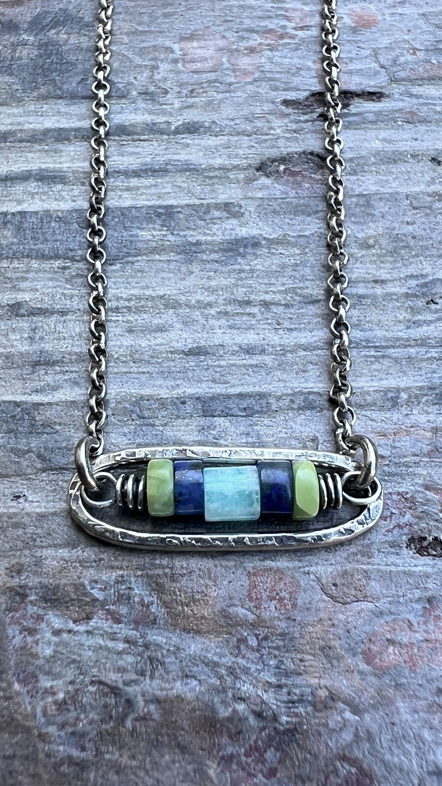 Sterling Silver Genuine Stone Necklace | Amazonite, Lapis Lazuli, and Chrysoprase in Hammered Oval Pendant