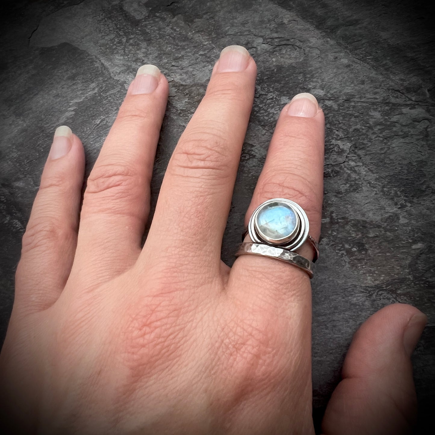 Sterling Silver Rainbow Moonstone Ring | Round Natural Stone Cabochon Ring - Size 9