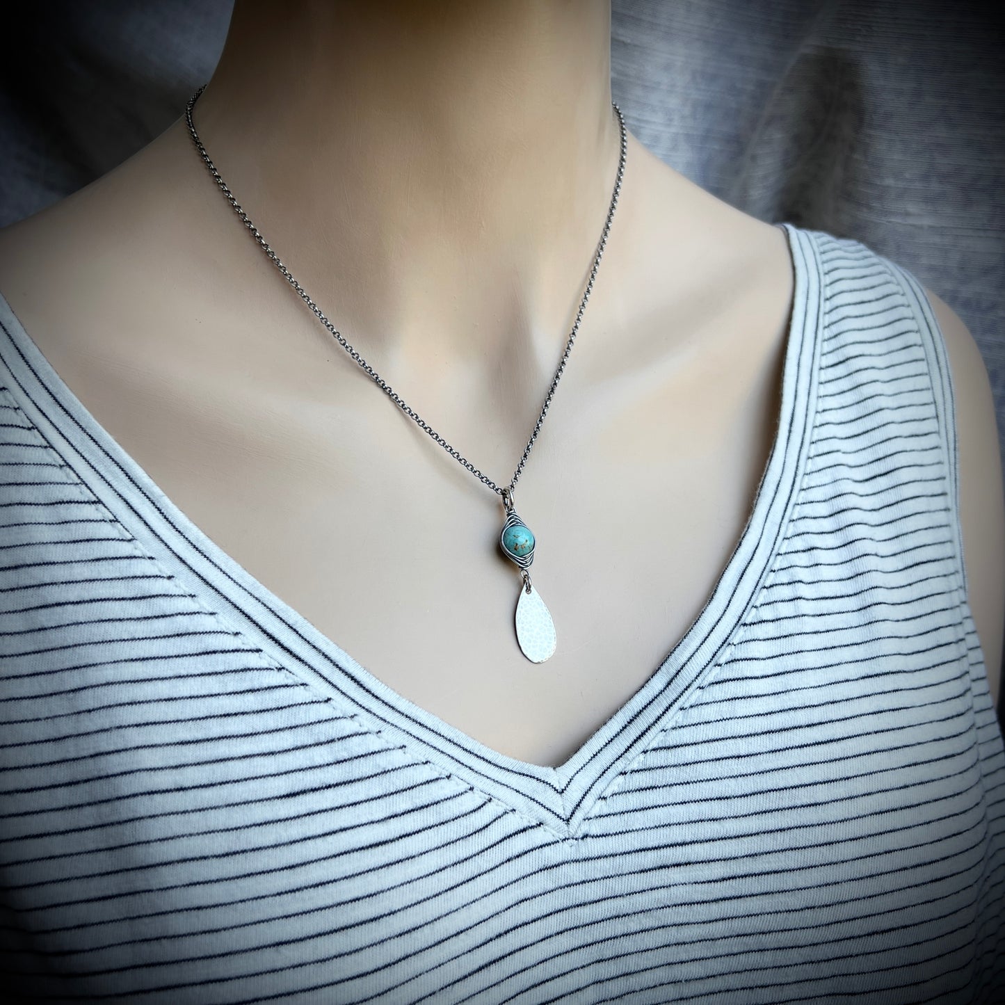 Genuine Turquoise Sterling Silver Necklace | Wire-wrapped Natural Stone and Hammered Teardrop Pendant