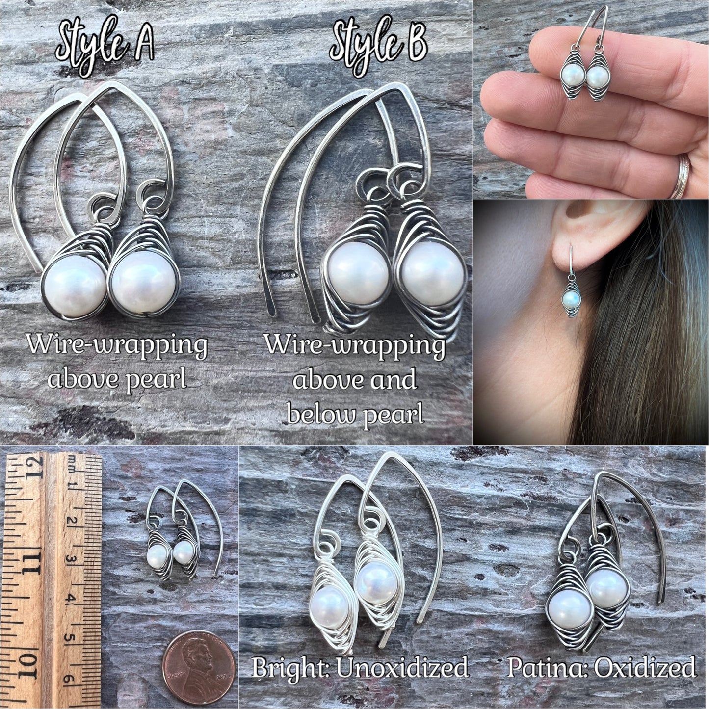 Sterling Silver Pearl Earrings | Genuine Freshwater Pearl Wire-wrapped Dangles