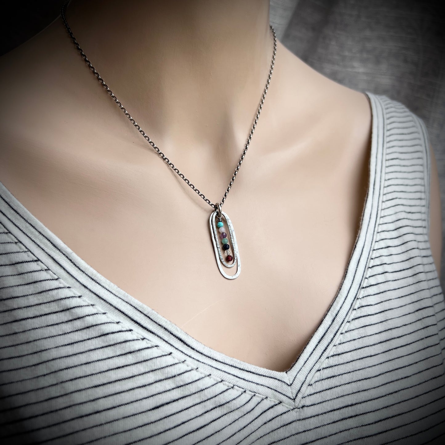 Customizable Sterling Silver Birthstone Necklace | Genuine Gemstone Hammered Long Oval Pendant