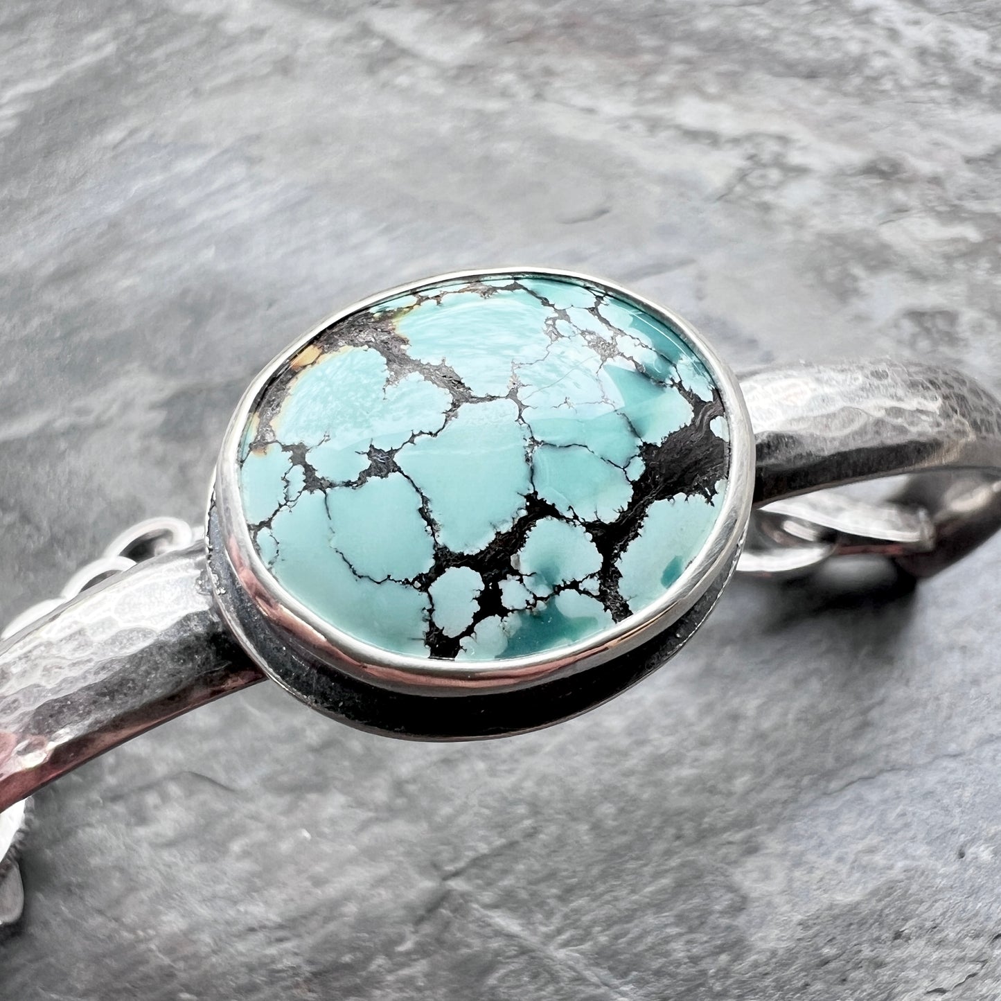 Sterling Silver Turquoise Bracelet | Genuine Natural Turquoise Hammered Cuff with Toggle Clasp