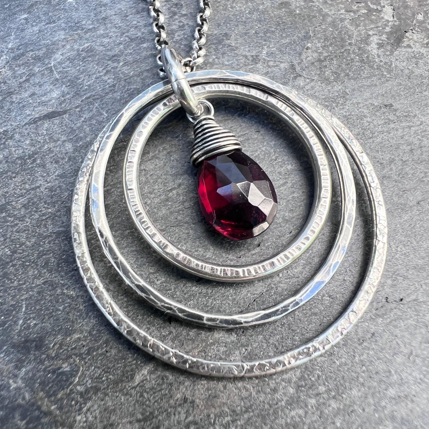 Genuine Garnet Sterling Silver Necklace | Deep Red Teardrop in Hammered Rings Pendant
