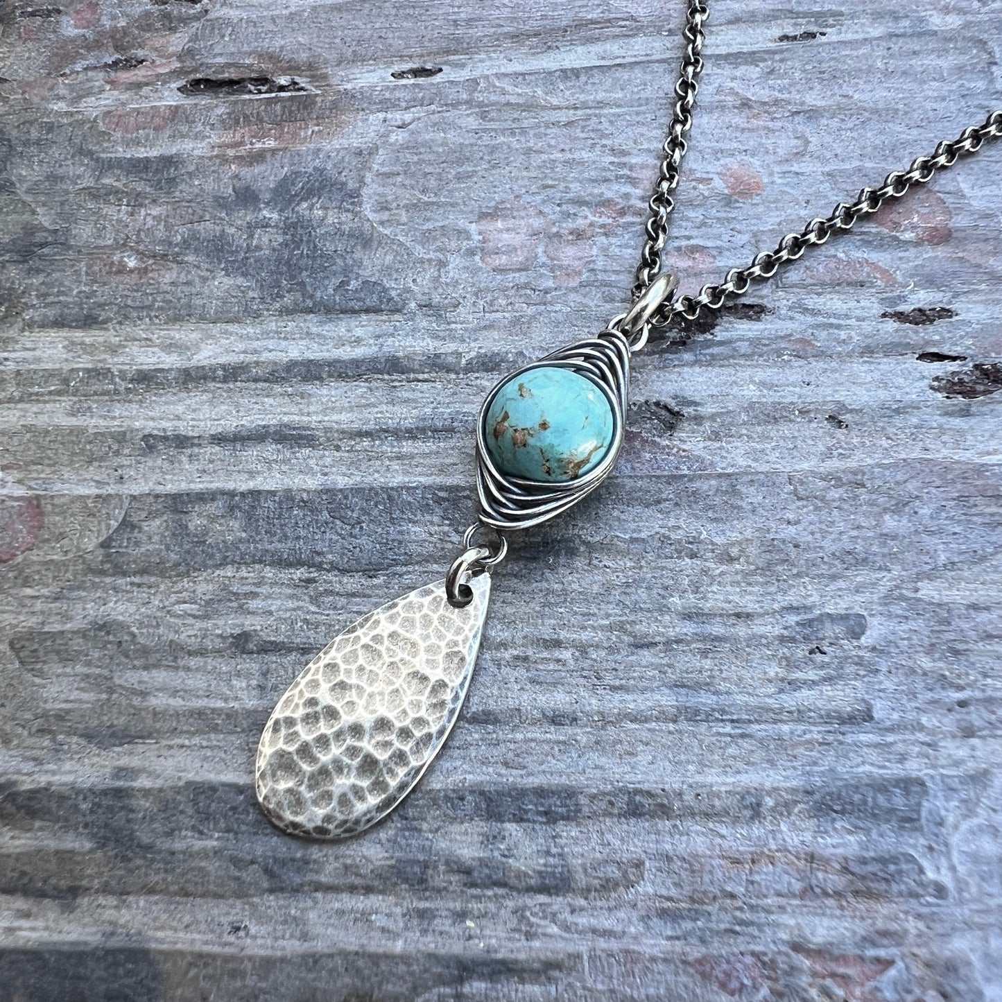 Genuine Turquoise Sterling Silver Necklace | Wire-wrapped Natural Stone and Hammered Teardrop Pendant