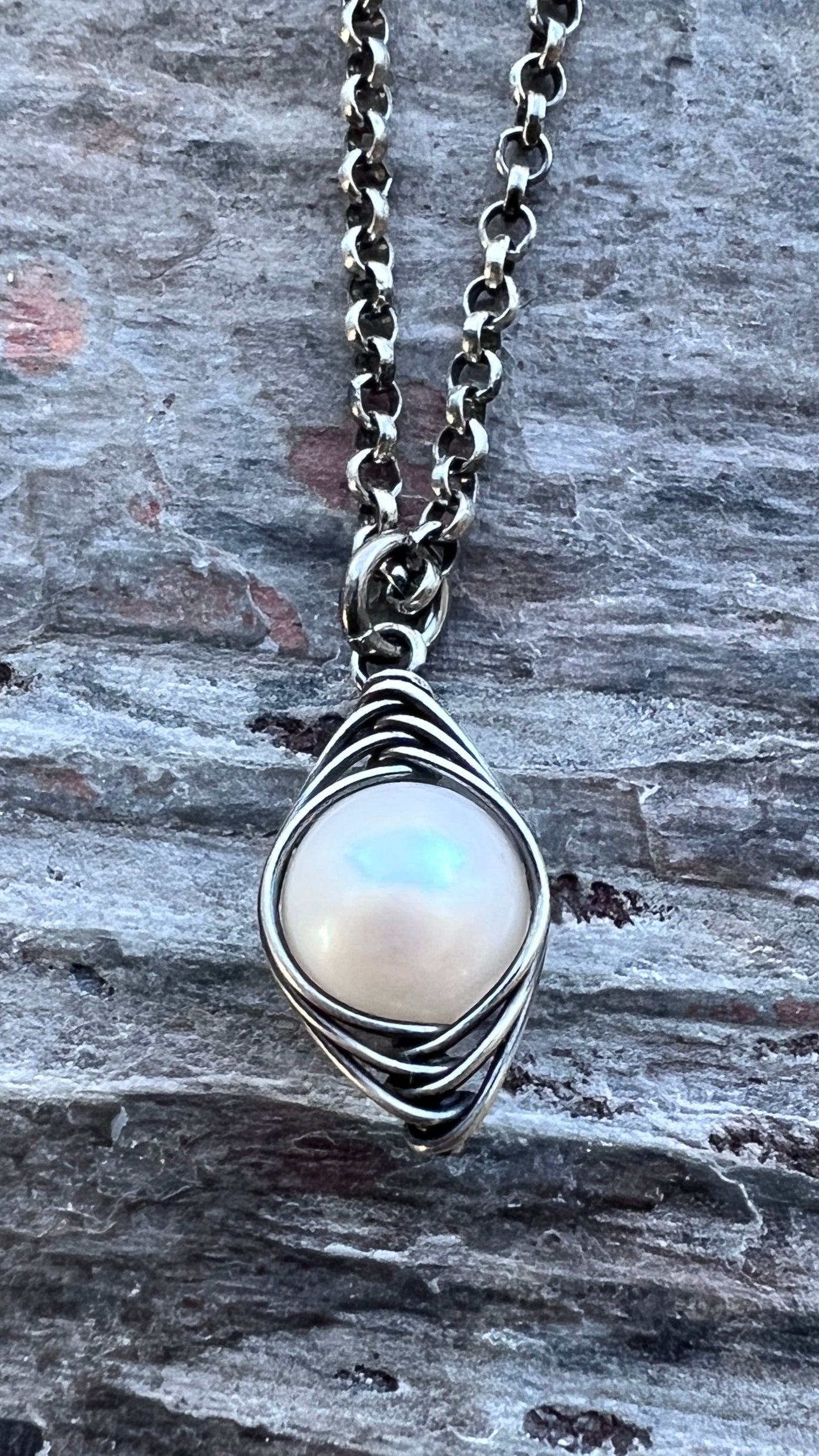 Sterling Silver Pearl Necklace | Genuine Freshwater Pearl Wire-Wrapped Pendant