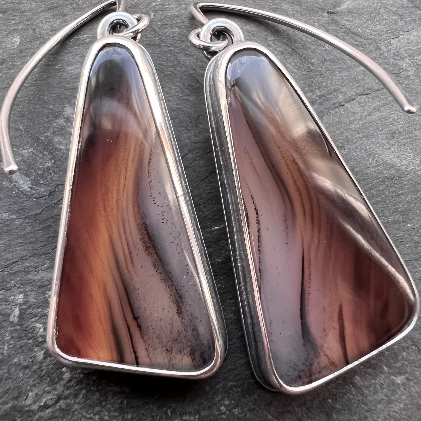 Sterling Silver Montana Agate Earrings | Brown Triangular Stone Cabochon Large Dangles