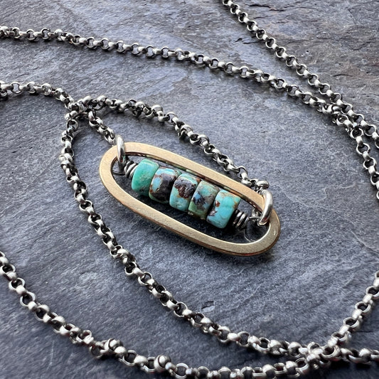 Turquoise Sterling Silver Necklace | Mixed Metal Brown Matrix Turquoise Small Pendant