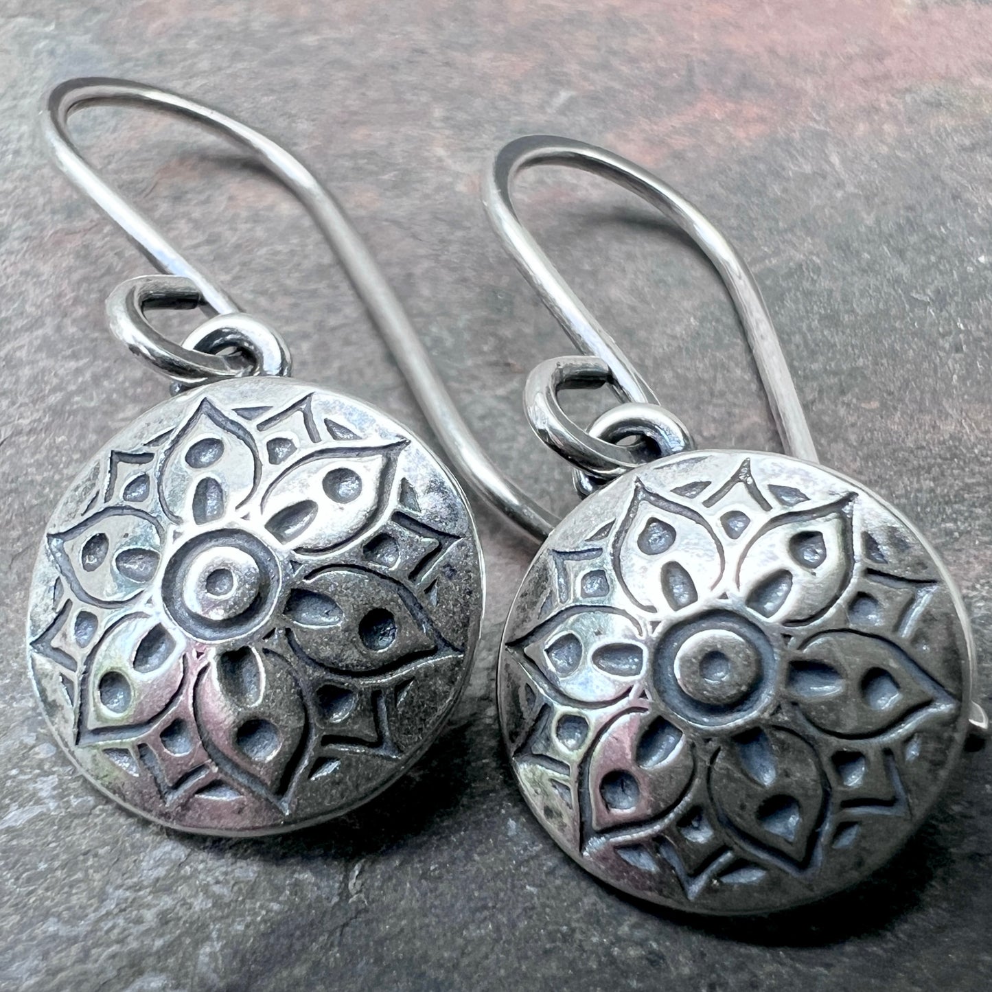 Sterling Silver Small Flower Medallion Earrings | Stamped Silver Circle Dangles