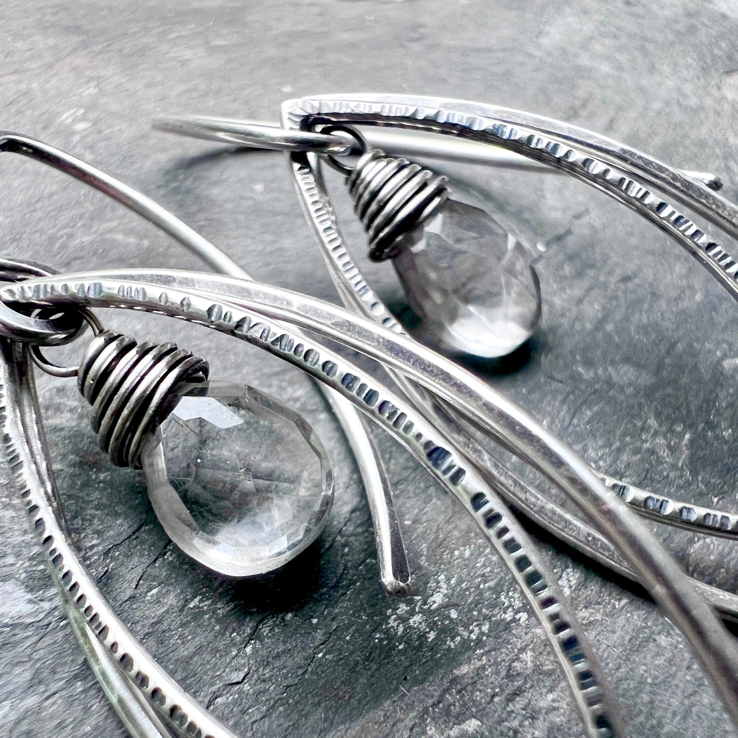 Sterling Silver Crystal Quartz Earrings | Clear Natural Stone Hammered Marquise Dangles