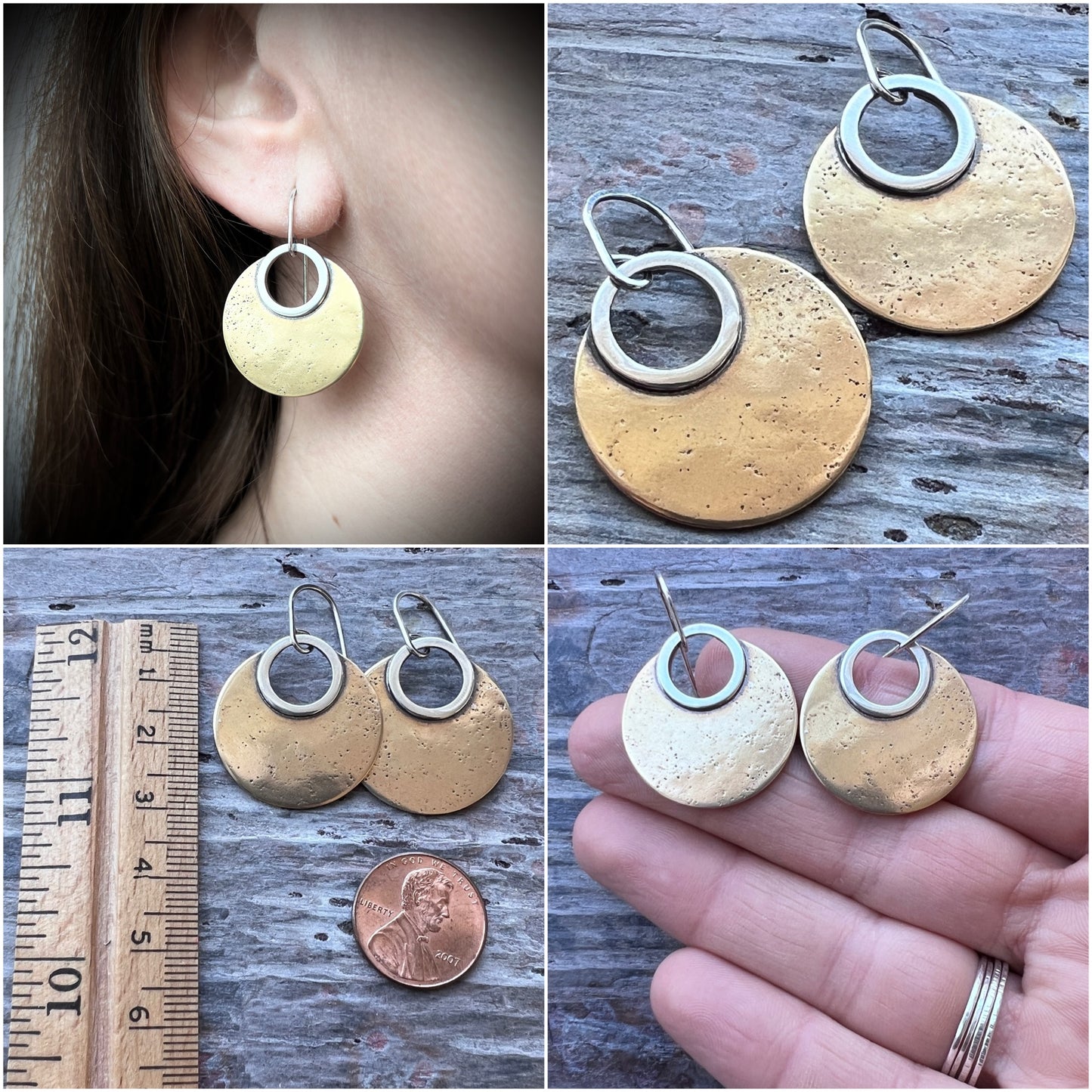 Sterling Silver and Gold Brass Earrings | Mixed Metal Modern Circle Dangle Earrings