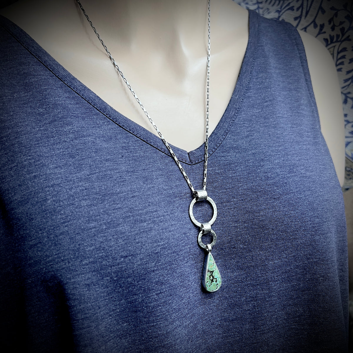 Sterling Silver Genuine Turquoise Necklace | Hammered Rings and Green Natural Stone Teardrop Pendant