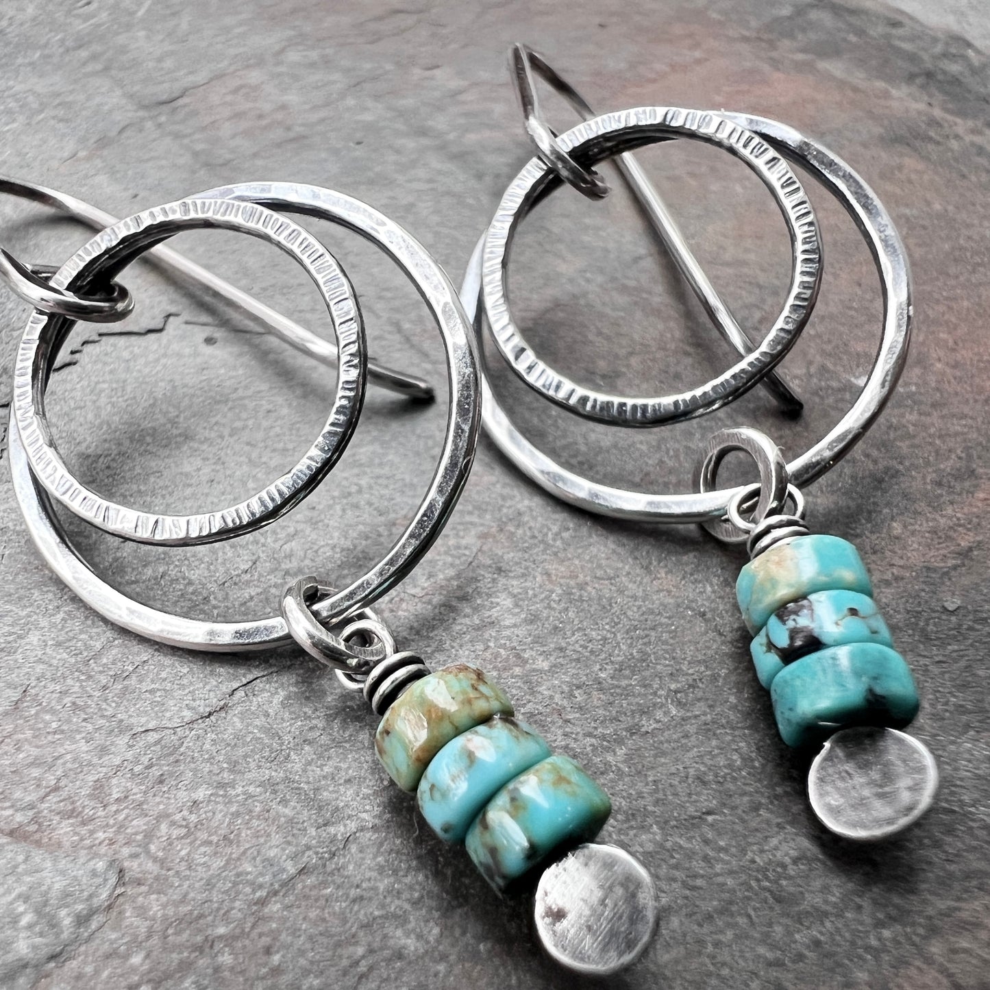 Sterling Silver Genuine Turquoise Earrings | Natural Stones on Hammered Silver Rings