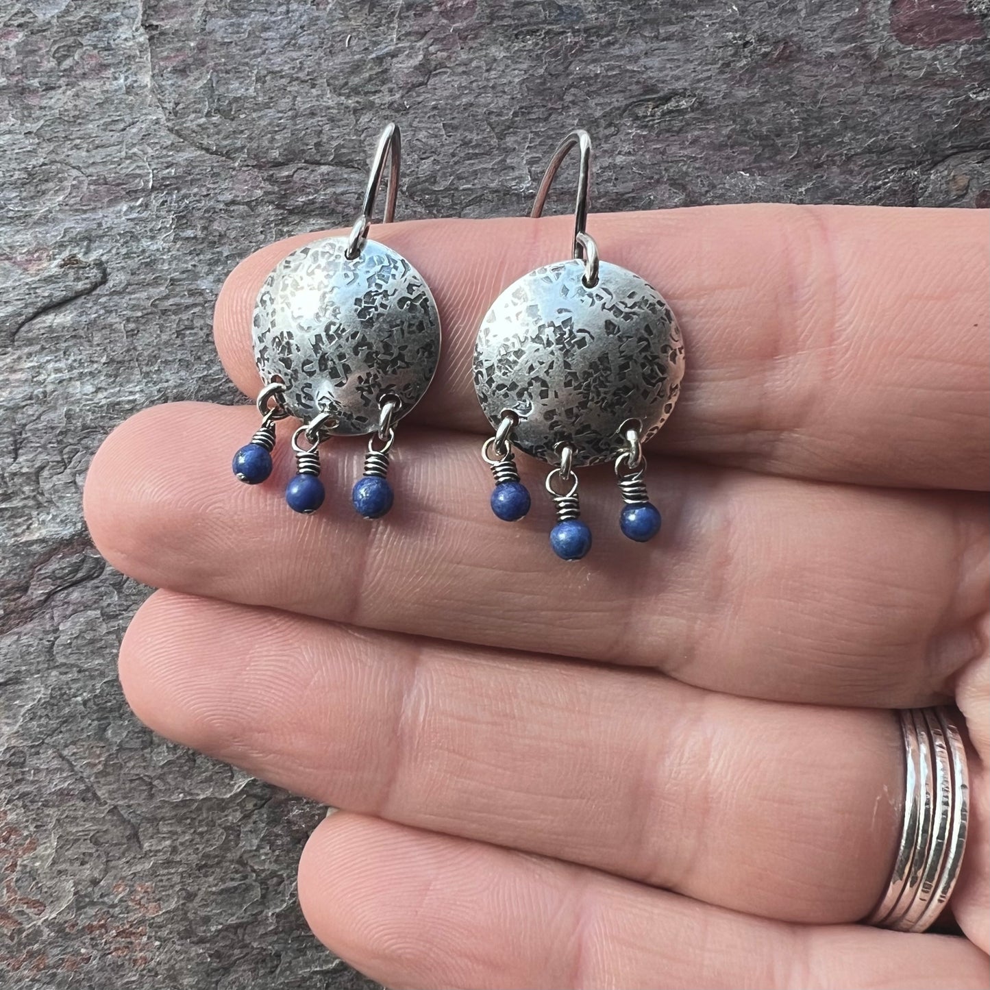 Sterling Silver Lapis Earrings Beaded Genuine Lapis Lazuli and Silver Circle Blue Dangle Earrings