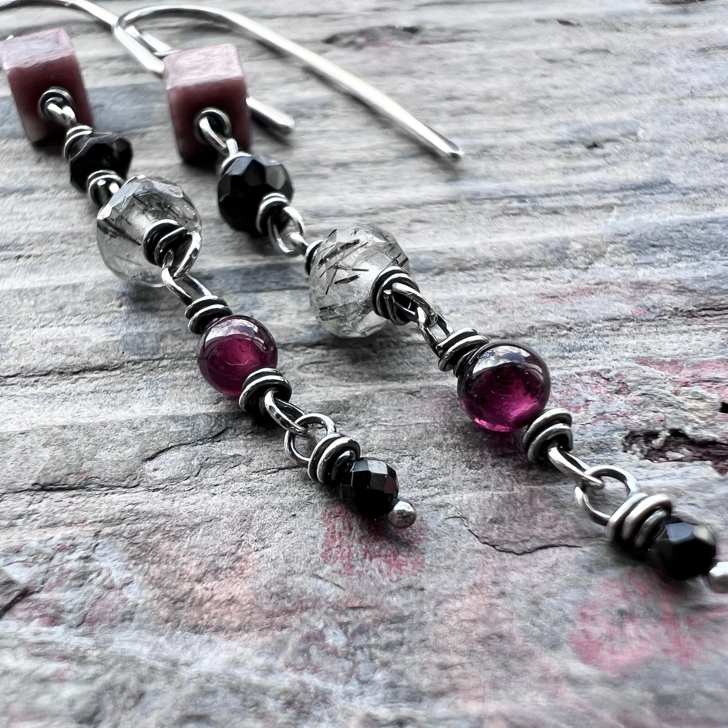 Sterling Silver Natural Stone Earrings | Pink and Black Beaded Long Dangles