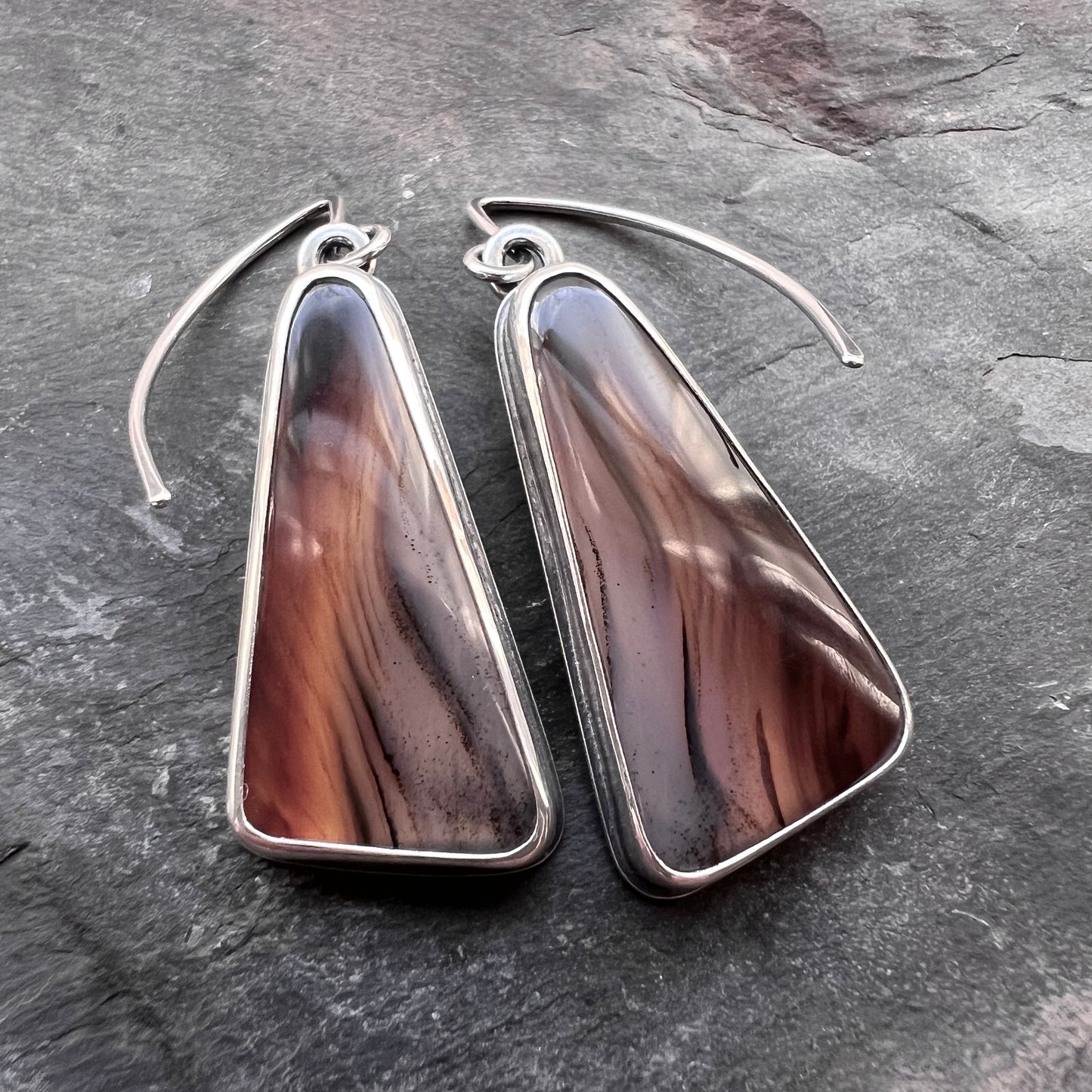 Sterling Silver Montana Agate Earrings | Brown Triangular Stone Cabochon Large Dangles