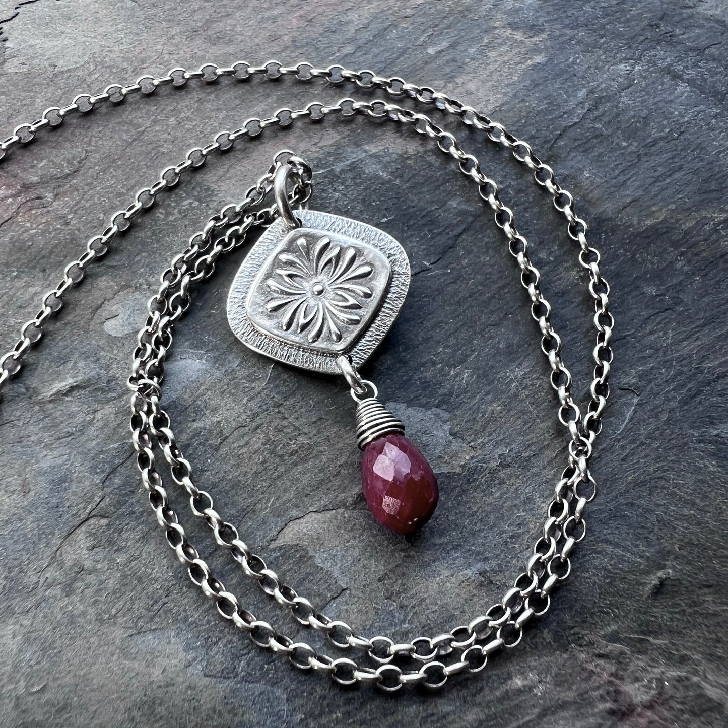 Genuine Ruby Sterling Silver Necklace | Flower Medallion and Ruby Red Teardrop Pendant