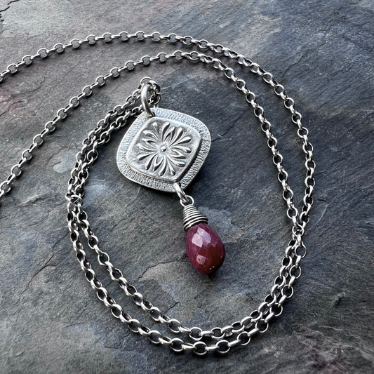 Genuine Ruby Sterling Silver Necklace | Flower Medallion and Ruby Red Teardrop Pendant