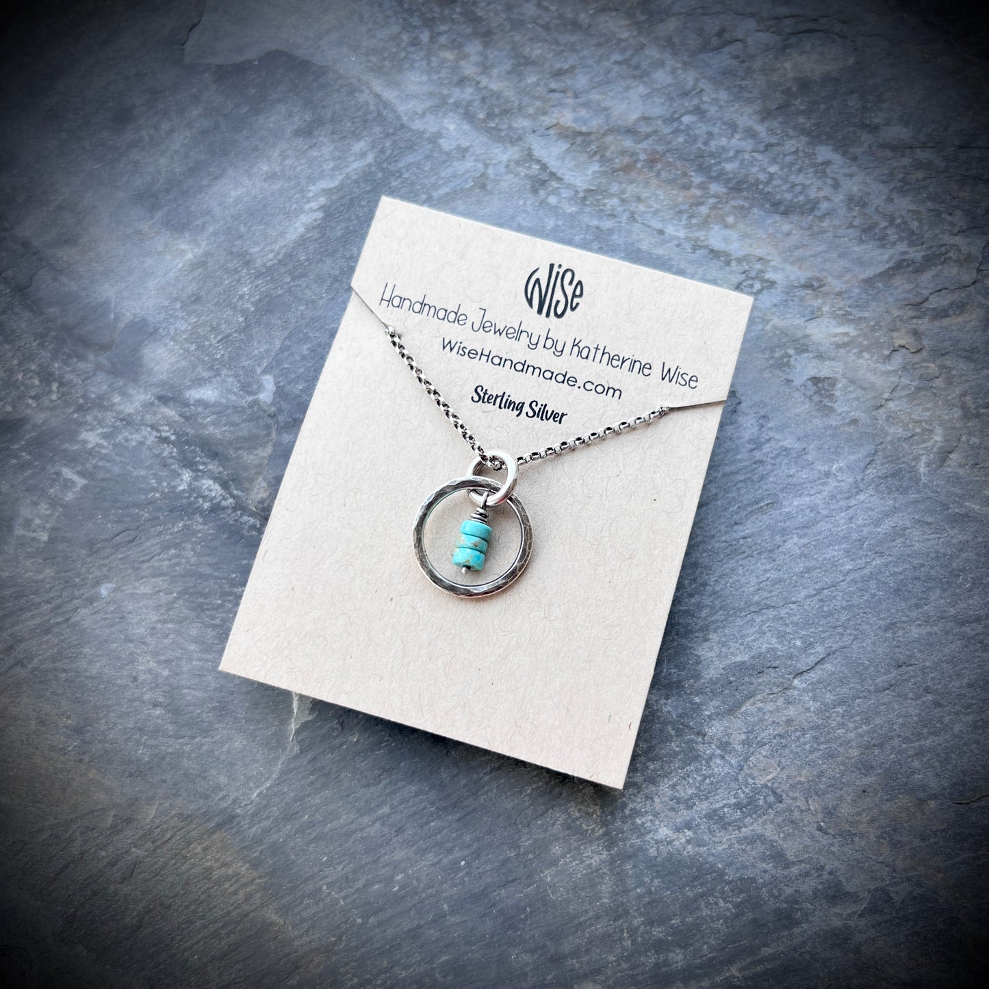 Turquoise Sterling Silver Necklace - Genuine Turquoise in Hammered Circle Pendant