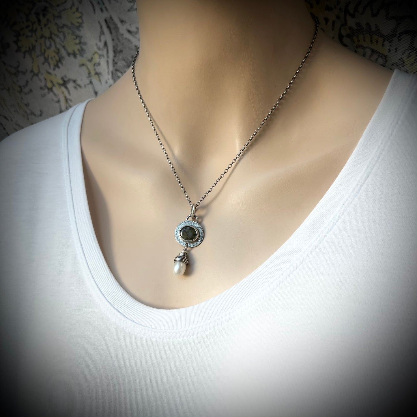 Sterling Silver Opal and Pearl Necklace - Genuine Peruvian Opal and Fresh Water Pearl Pendant - Handmade Jewelry Unique Gift for Her
