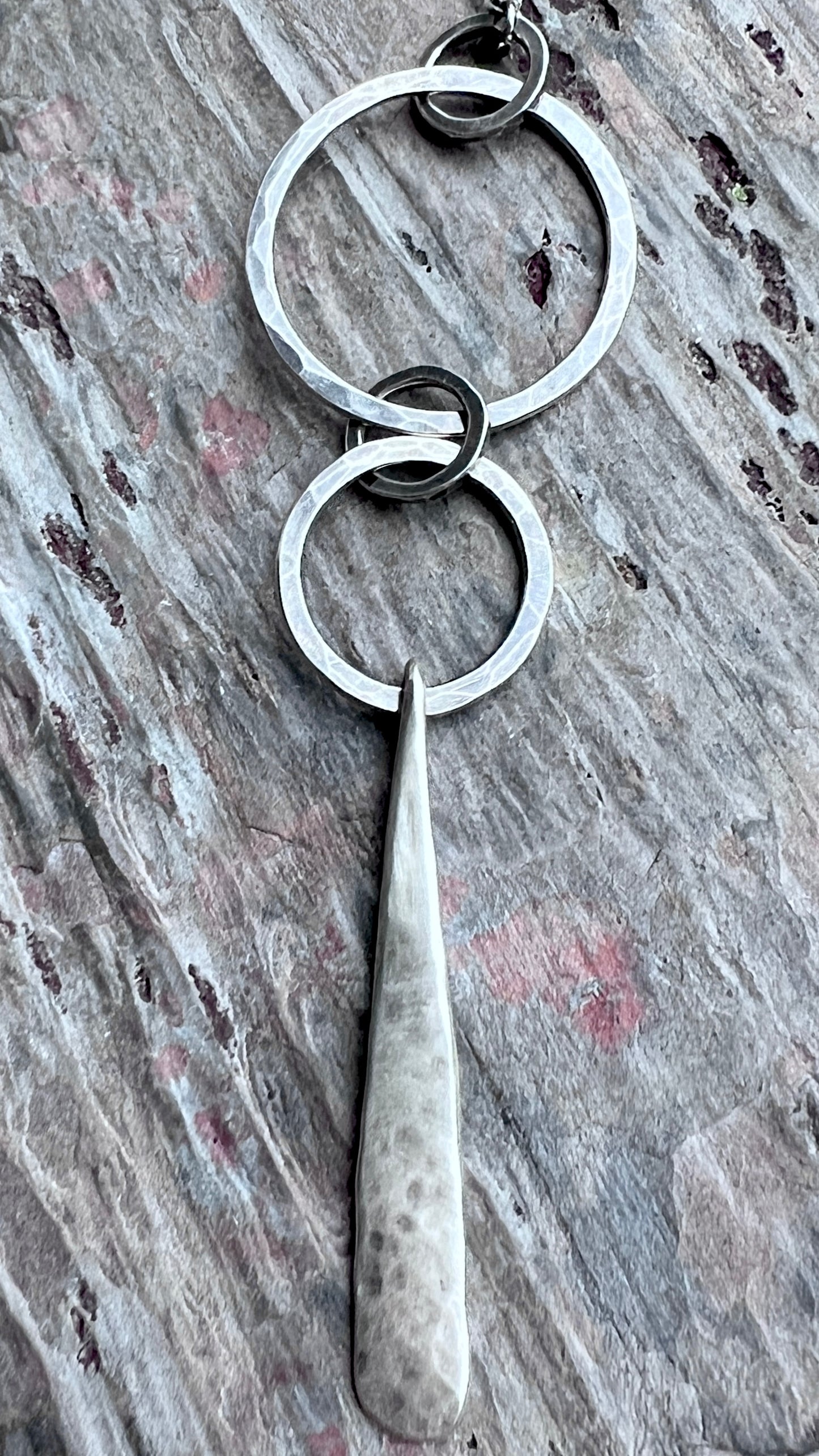 Sterling Silver Hammered Rings Necklace | Silver Circles with Long Drop Pendant