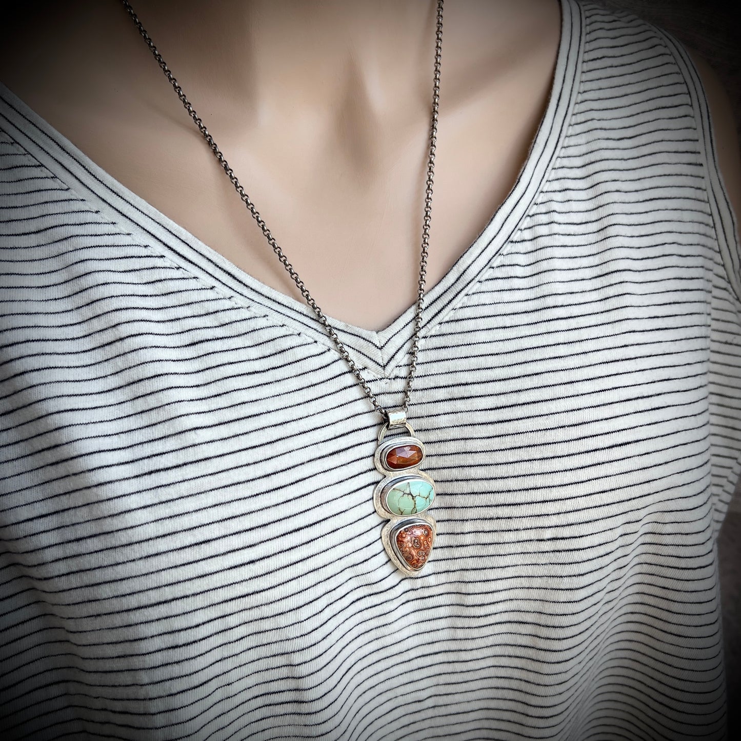 Ocean Jasper, Turquoise, and Orange Kyanite Sterling Silver Necklace | Artisan One-of-a-kind Natural Stone Pendant