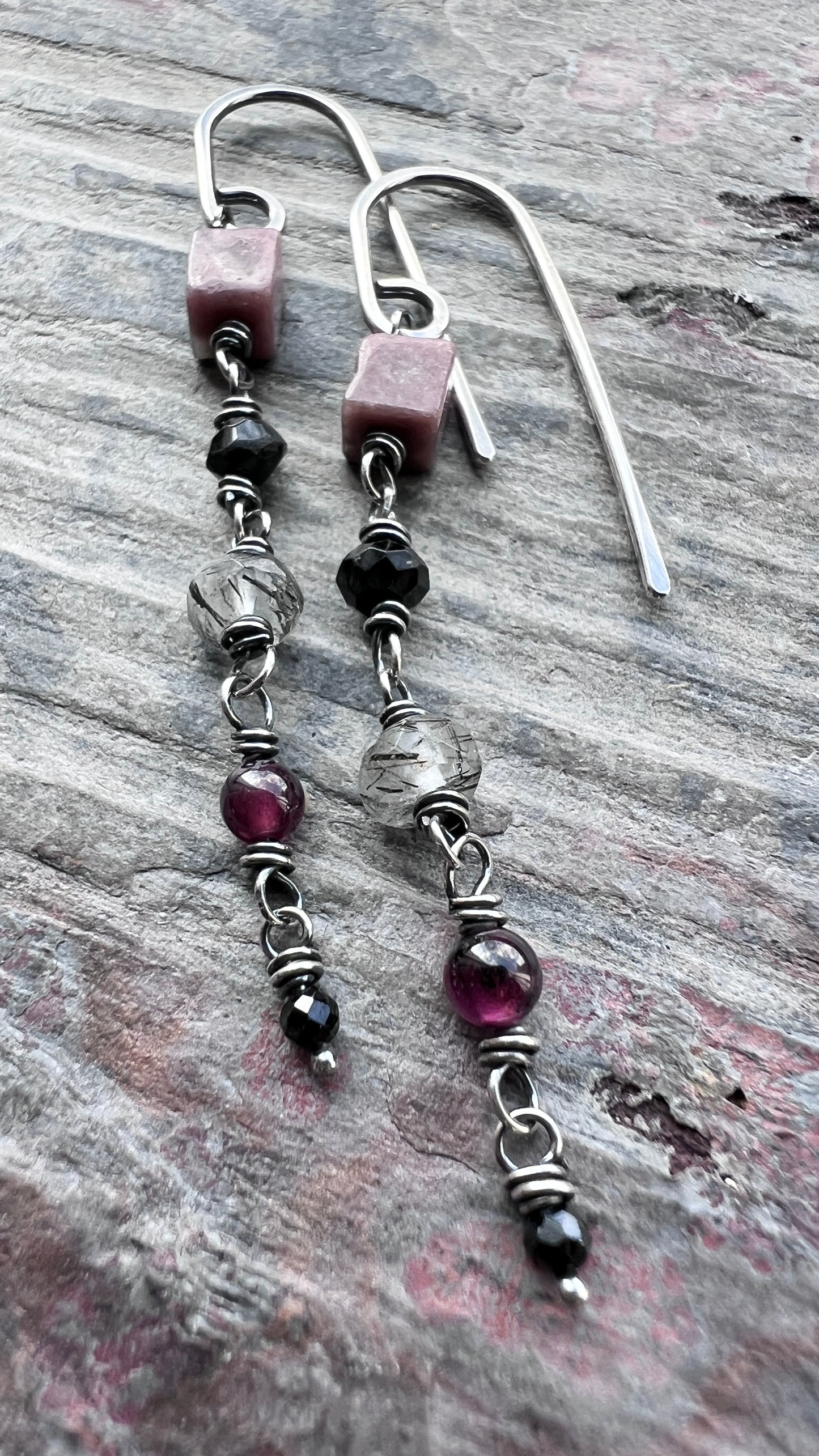 Sterling Silver Natural Stone Earrings | Pink and Black Beaded Long Dangles