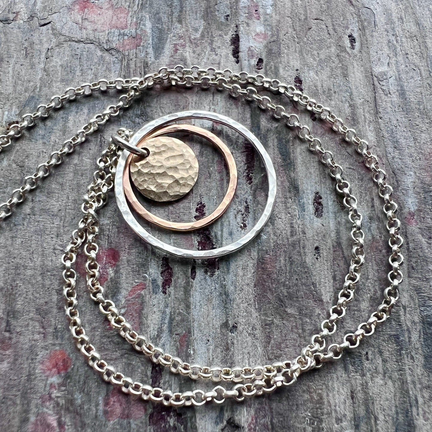 14k Goldfill and Sterling Silver Necklace | Mixed Metal Hammered Gold and Silver Circles Pendant Necklace