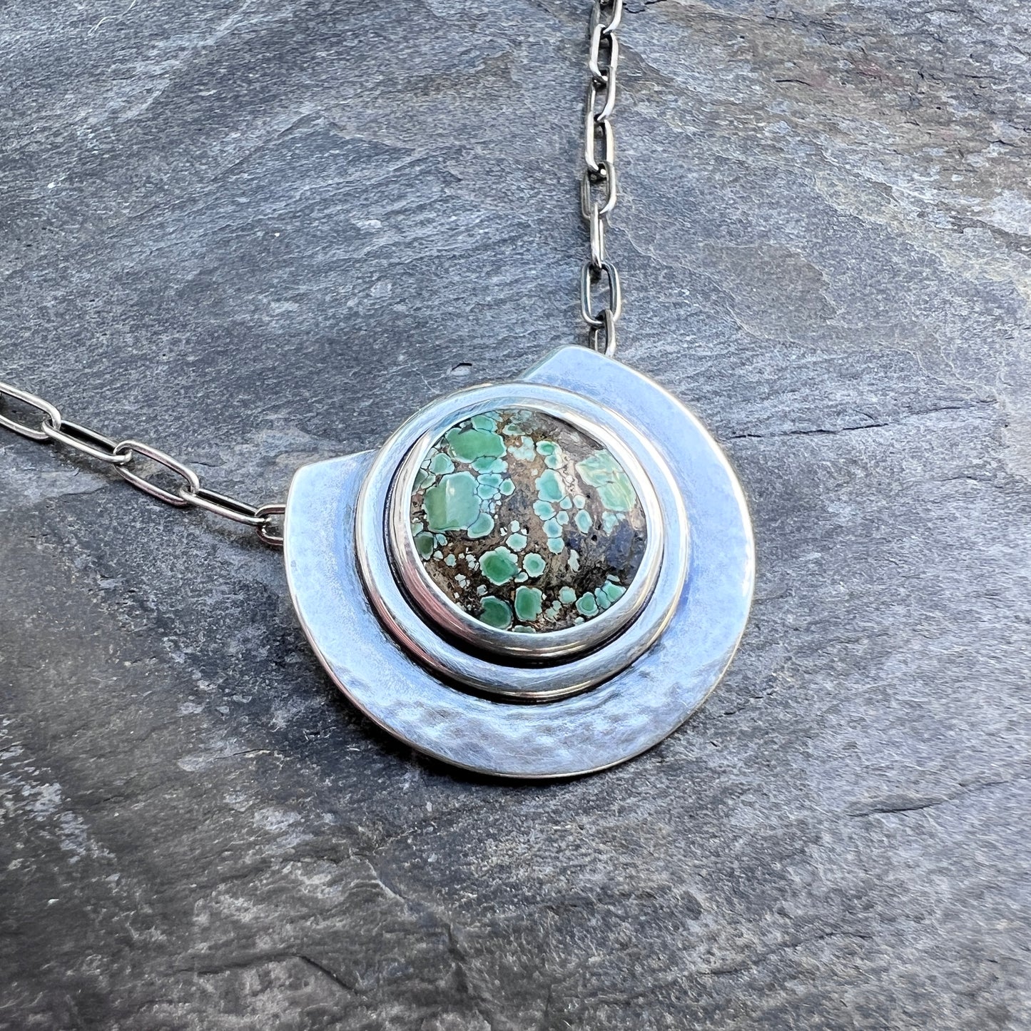 Sterling Silver Genuine Turquoise Necklace | Green Natural Stone Round Cabochon Pendant