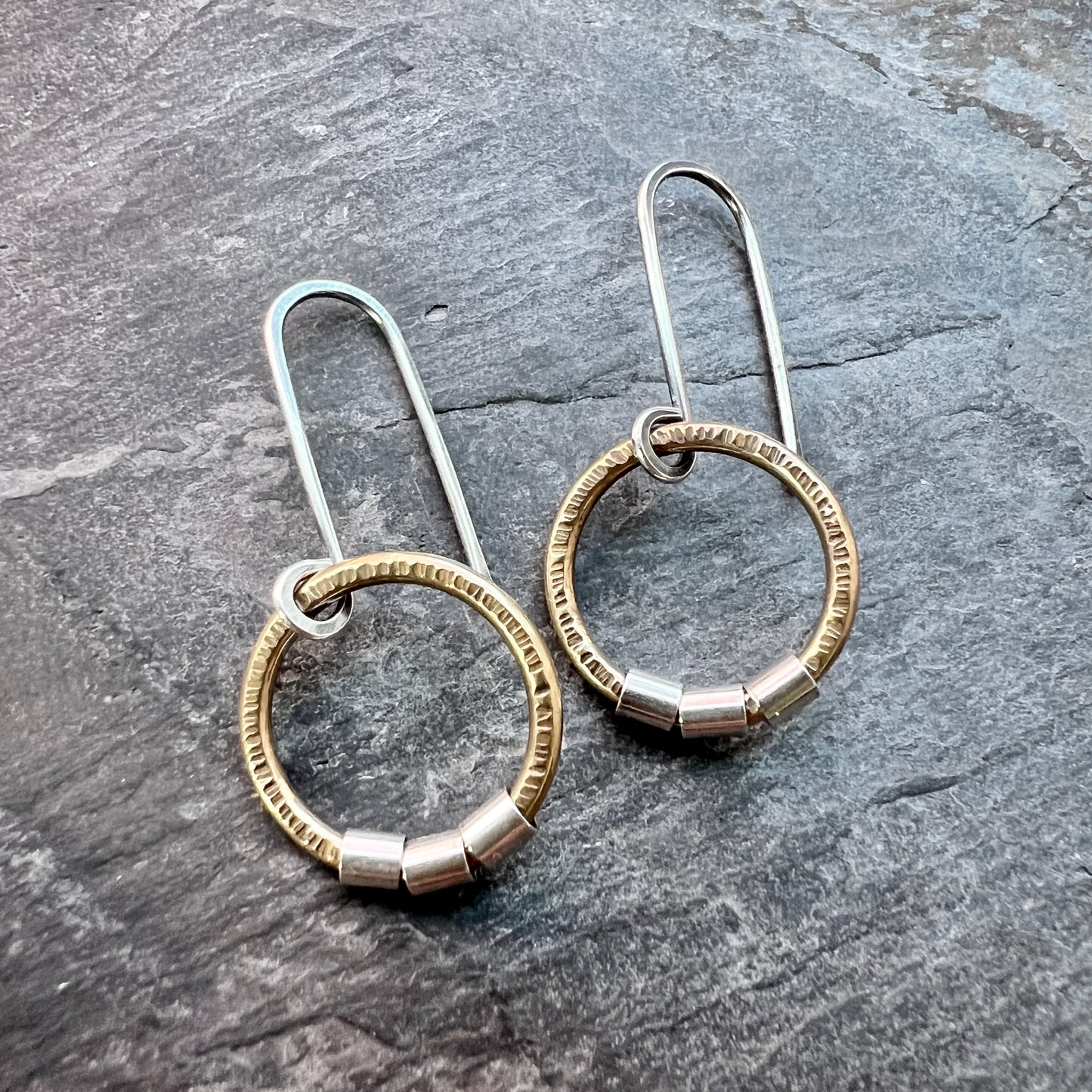 Sterling Silver and Brass Dangle Earrings | Mixed Metal Golden Brass Circles with Silver Beads