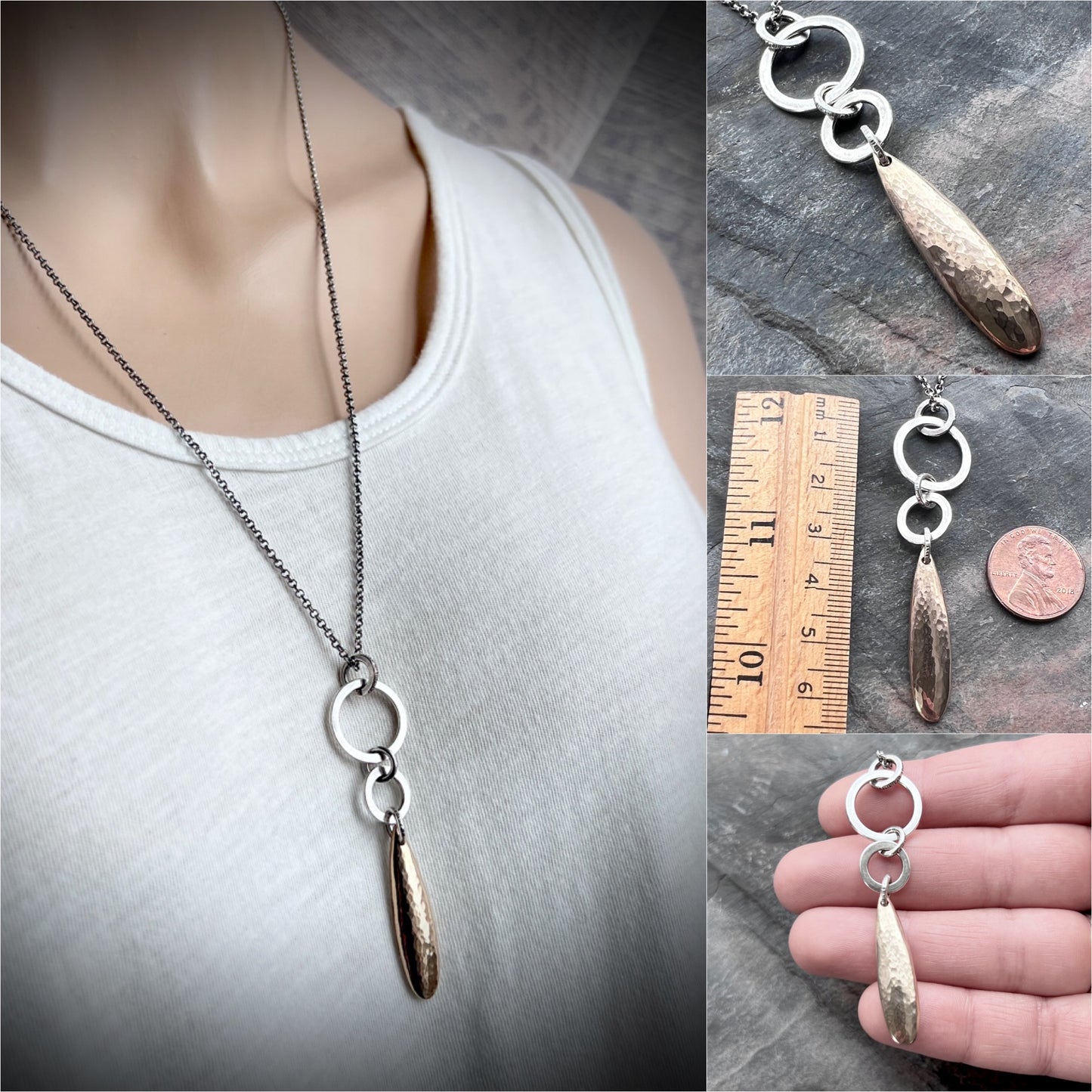 Sterling Silver and Bronze Teardrop on Rings Necklace | Minimalist Hammered Drop Pendant