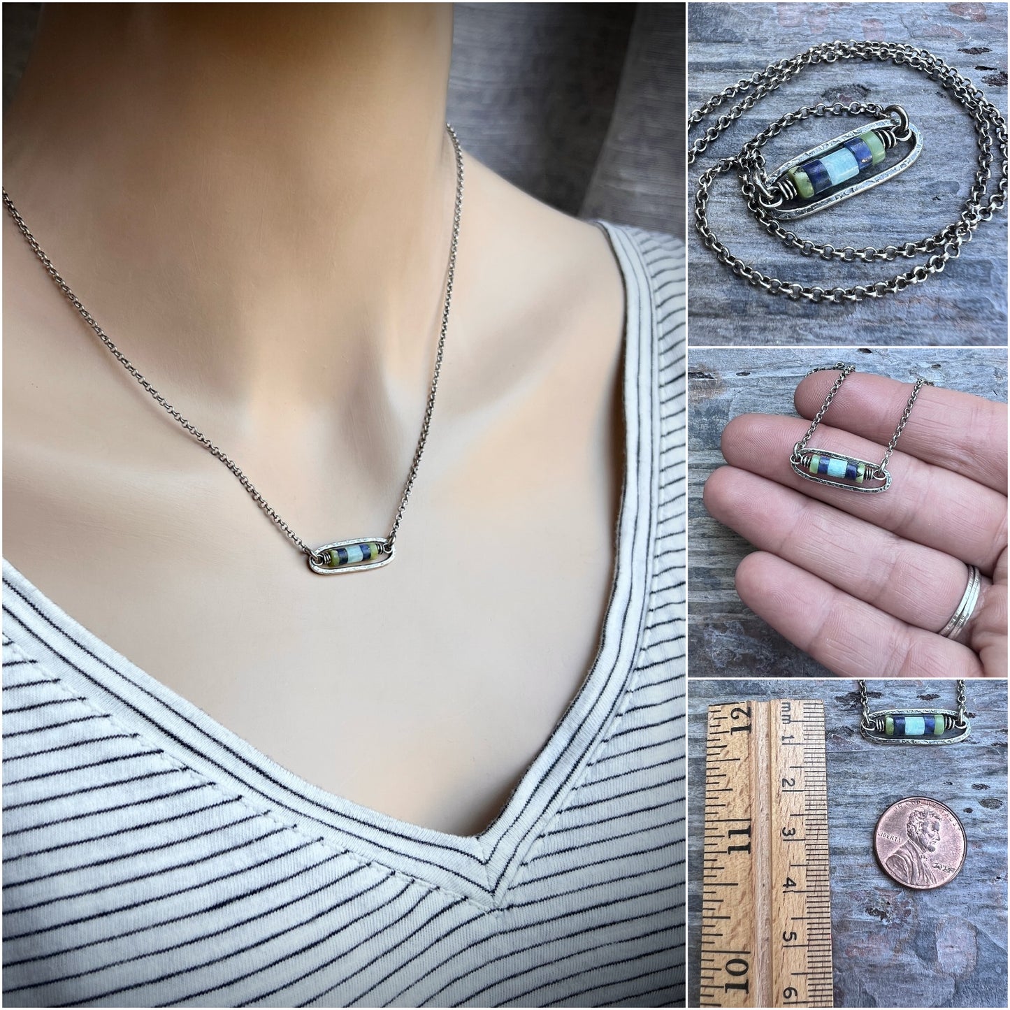 Sterling Silver Genuine Stone Necklace | Amazonite, Lapis Lazuli, and Chrysoprase in Hammered Oval Pendant