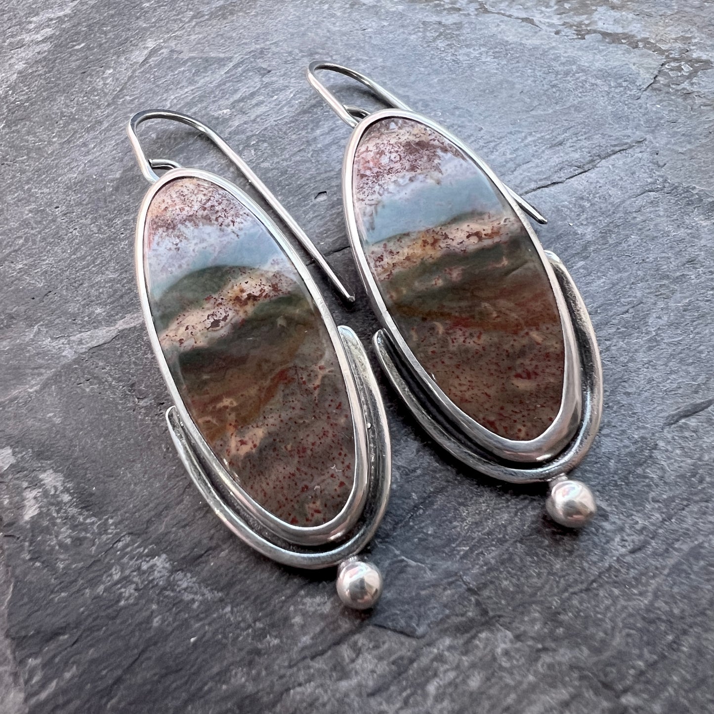 Jasper Sterling Silver Earrings | Green and Brown Natural Stone Dangle Earrings
