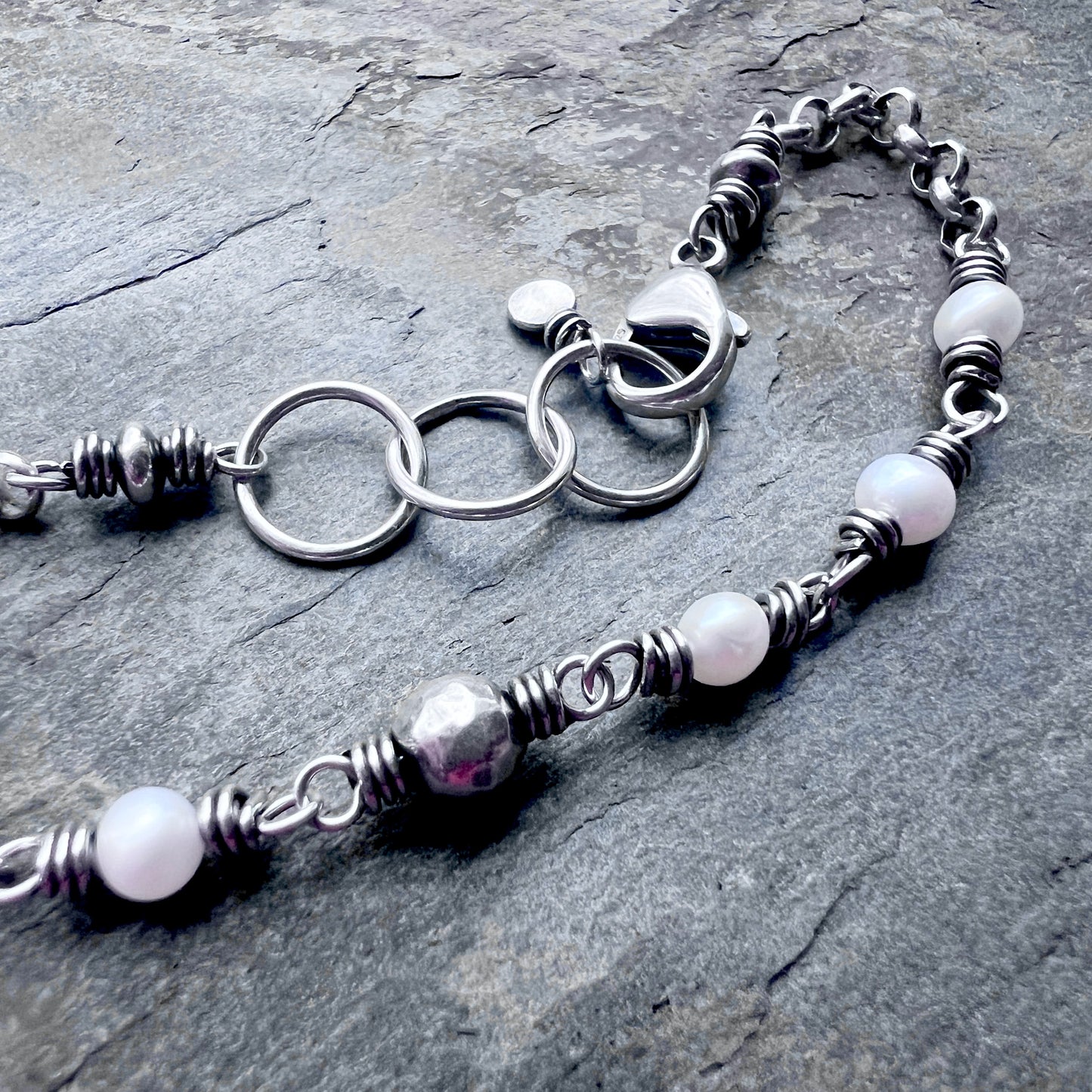 Sterling Silver Pearl Bracelet | Wire-wrapped Natural Pearl and Hammered Ball Bracelet