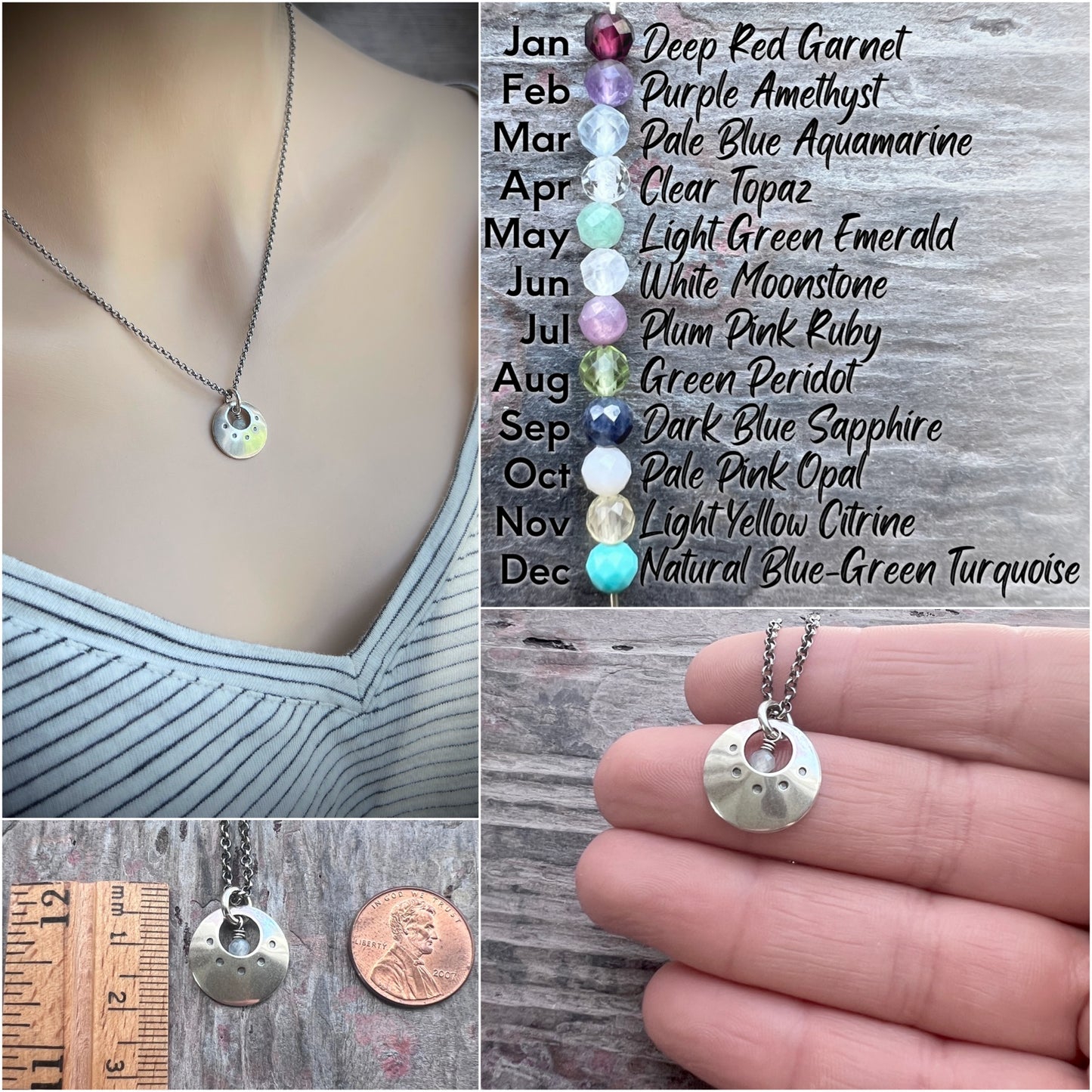 Customizable Sterling Silver Birthstone Necklace | Genuine Gemstone and Stamped Circle Pendant