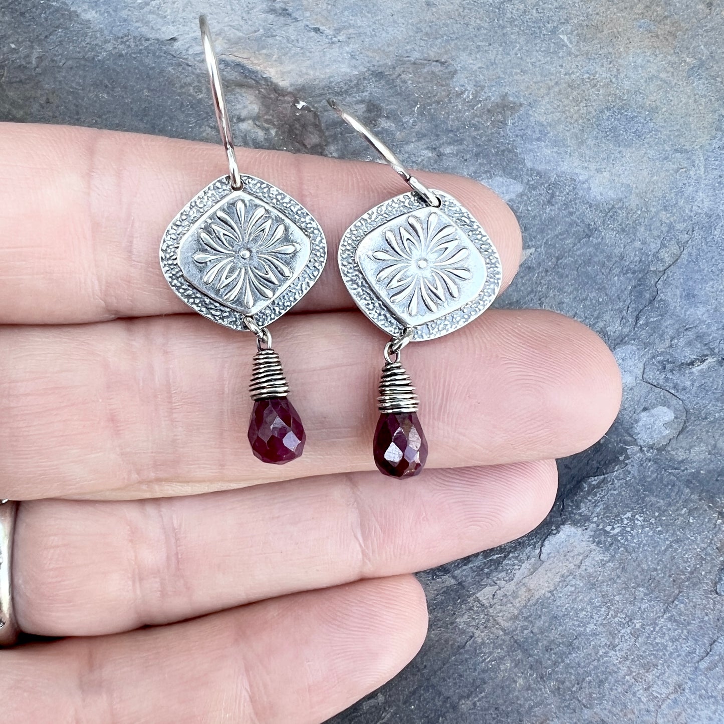 Genuine Ruby Sterling Silver Earrings | Flower Medallion and Ruby Red Teardrop Dangles