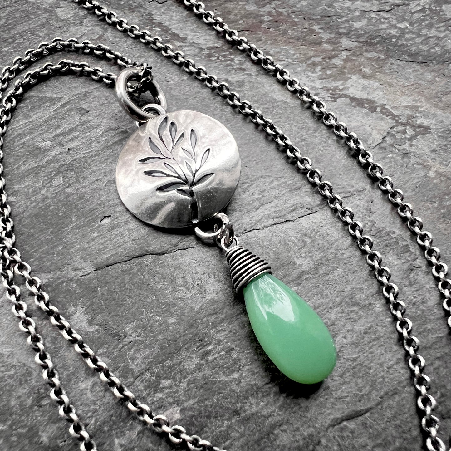 Sterling Silver Chrysoprase Necklace | Stamped Branch Circle with Green Teardrop Pendant