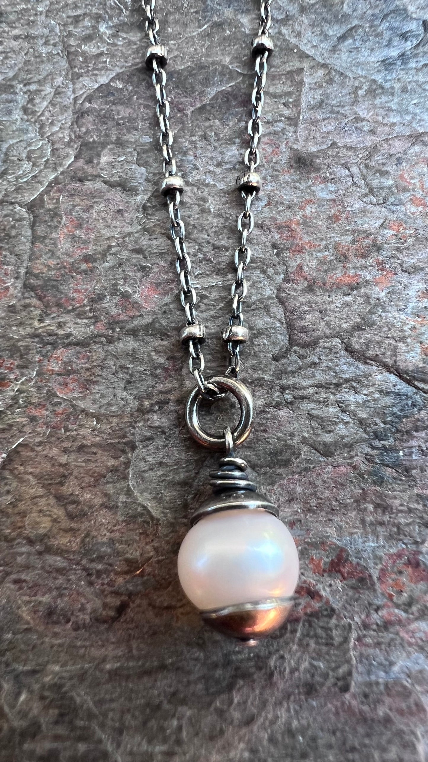 Sterling Silver Pearl Necklace - Small Genuine Freshwater Pearl Pendant on Sterling Silver Satellite Chain