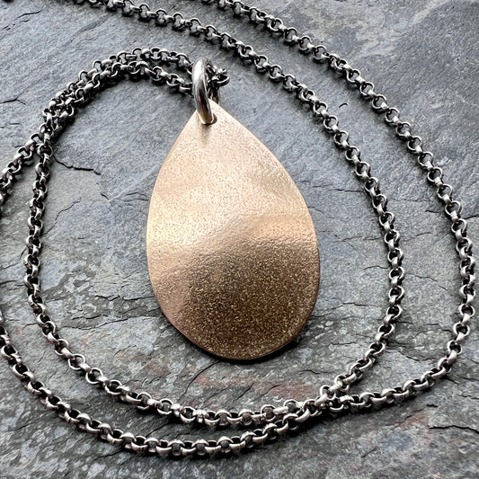 Golden Bronze Teardrop Pendant with Sterling Silver Chain | Mixed Metal Necklace