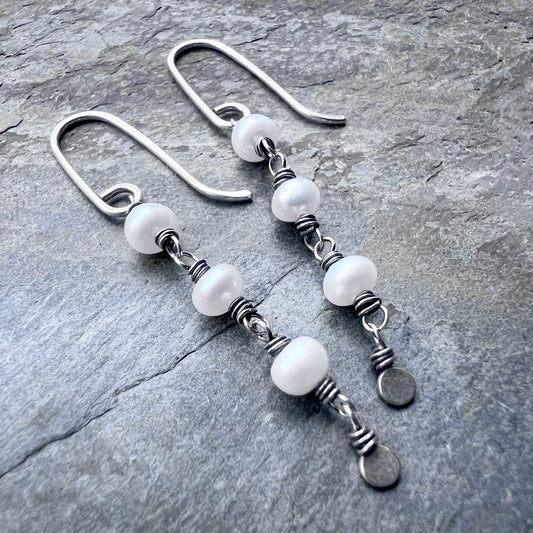 Sterling Silver Pearl Earrings | Genuine Pearl Wire-wrapped Long Dangles