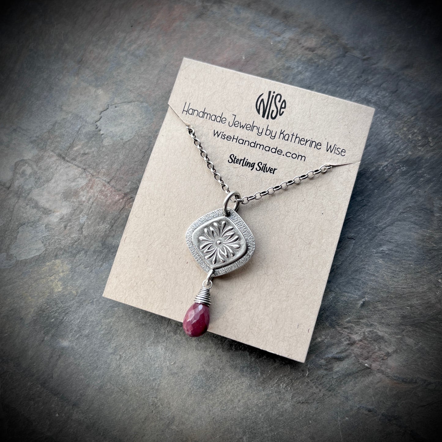 Genuine Ruby Sterling Silver Necklace | Flower Medallion and Ruby Red Teardrop Pendant