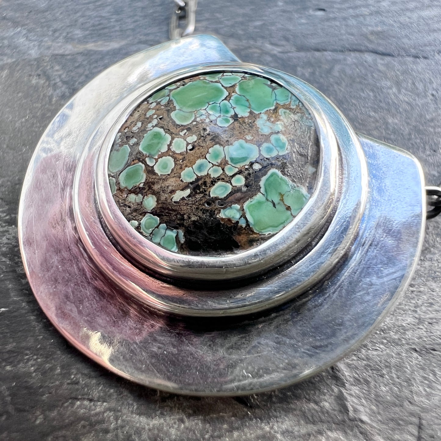 Sterling Silver Genuine Turquoise Necklace | Green Natural Stone Round Cabochon Pendant