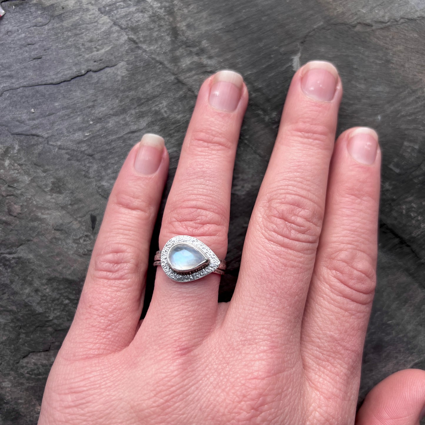 Sterling Silver Rainbow Moonstone Teardrop Skinny Stacking Ring Set - Size 8